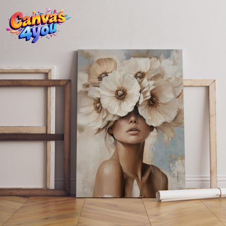 Portrete picturale - Tablou canvas "Regina florilor tăcute" – Portret feminin cu flori crem și atmosferă poetică