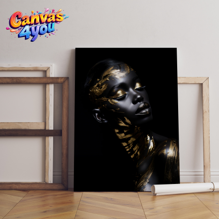 Tablouri canvas - Tablou canvas cu femeie în negru și accente aurii picturale. „Vis regal” este expresia vizuală a liniștii, nobleței și rafinamentului feminin.