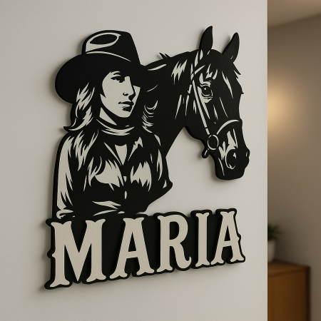 Decoratiune MDF - Tablou MDF personalizat Maria – decor western cu călăreață și cal