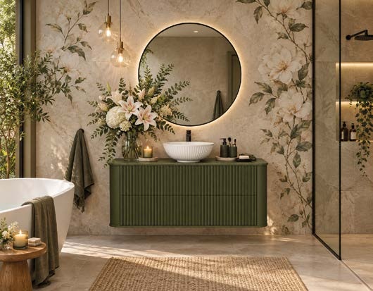 Mobilier Gante Lilia oliv mat într-o baie cu finisaje naturale