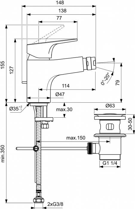 BATERIE BIDEU CERABASE CU VENTIL, CROM [2]
