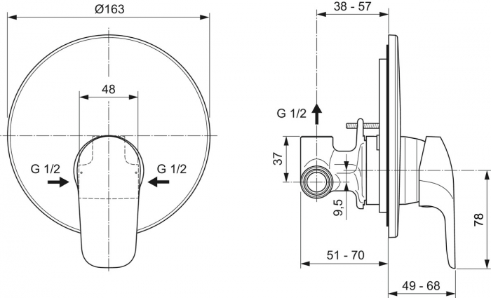 Baterie dus Ideal Standard Ceraflex, montaj incastrat, corp ingropat inclus, crom [3]