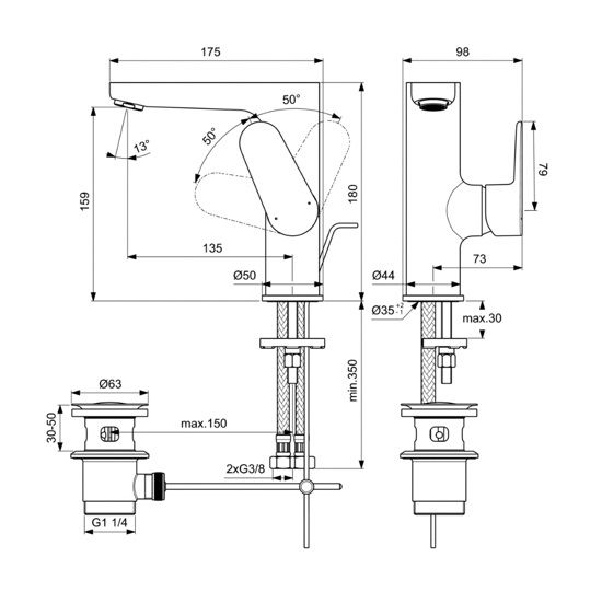 BATERIE LAVOAR H155 CERAFINE O SILK BLACK,CU PIPA INALTA SI VENTIL METALIC [3]