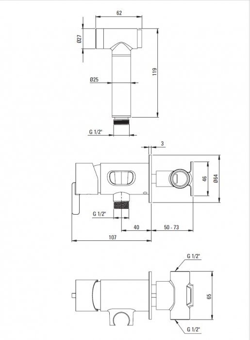 Baterie pentru bideu, îngropat, cu duș de mână tip bidetta, Deante, Silia,auriu periat [2]