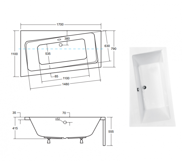 Cada asimetrica Besco Infinity 170 x 110 cm, orientare stanga, acryl, alb [4]