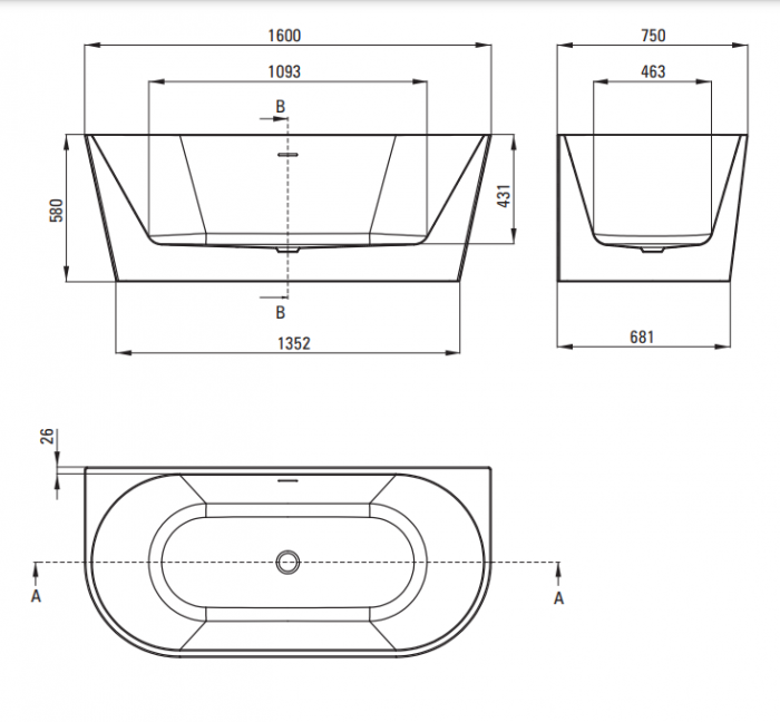 Cadă din acrila freestanding  lipită de perete - 160x75 cm, Deante Silia , Alb [6]