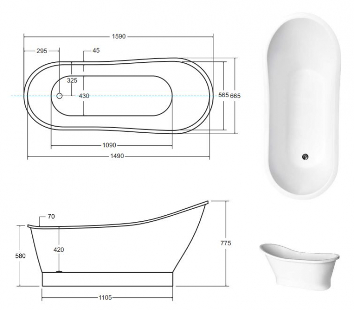 CADA FREESTANDING GLORIA 160X68, WHITE [5]