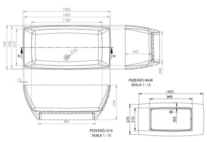 CADA FREESTANDING GEMINI 1462X739X578, FARA PREAPLIN, VENTIL CLICK-CLACK CROM [7]