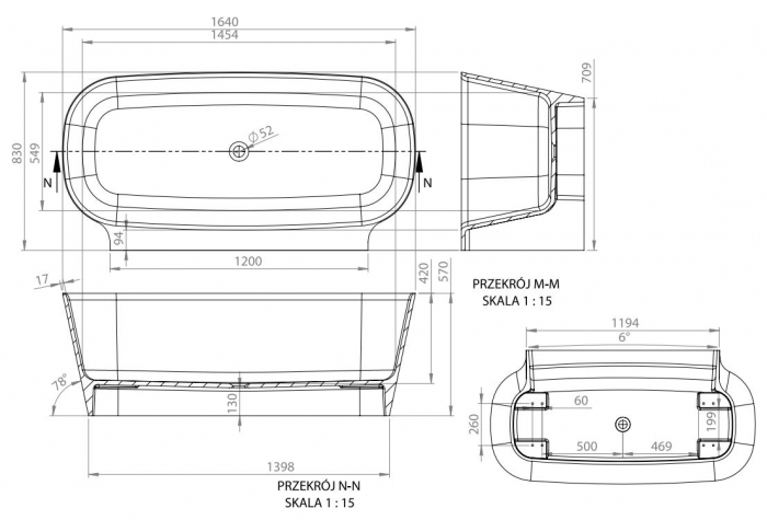 CADA FREESTANDING NOVA 2 1640X830X570, FARA PREAPLIN, VENTIL CLICK-CLACK CROM [7]