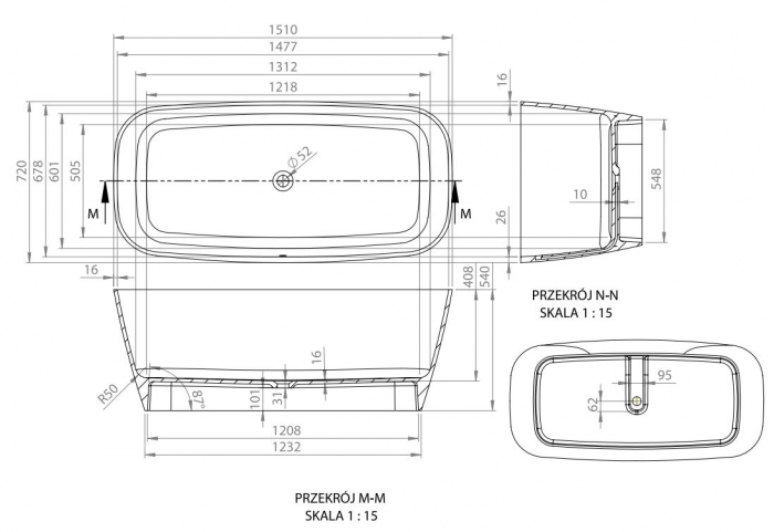 Cada freestanding Vayer Volans black & white 1510x720x540, fara preaplin, ventil click-clack crom [5]