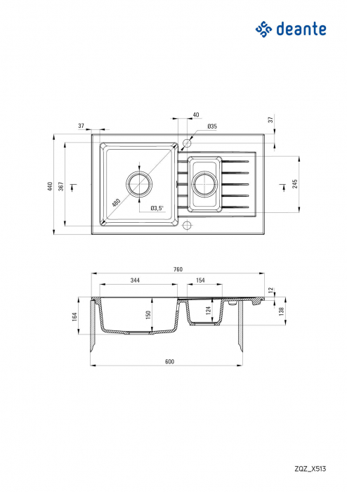 Chiuvetă din granit, 1,5-cuve cu picurător, Deante, Zorba,ALABASTER [2]