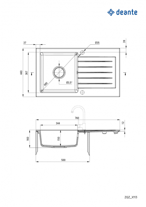 Chiuvetă din granit, 1-cuvă cu picurător, Deante, Zorba,ANTHRACITE METALLIC [2]
