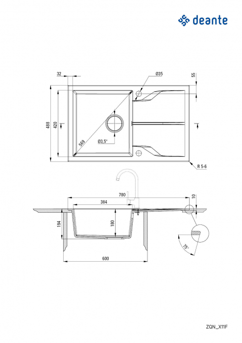 Chiuvetă din granit, 1-cuvă cu picurător - montare încastrată la nivel, Deante, Andante,GRAPHITE METALIC [2]