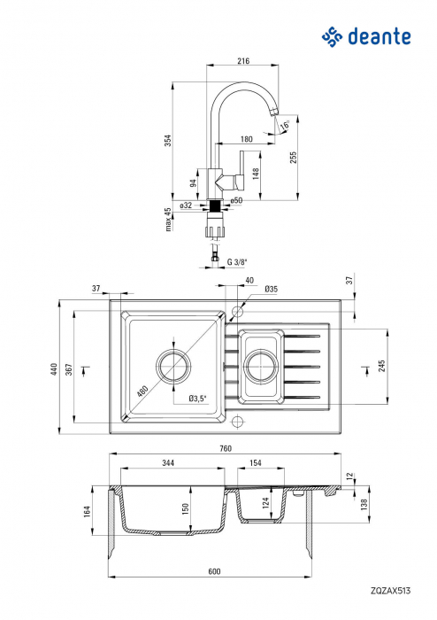 Chiuvetă din granit cu baterie, 1,5-cuve cu picurător [2]