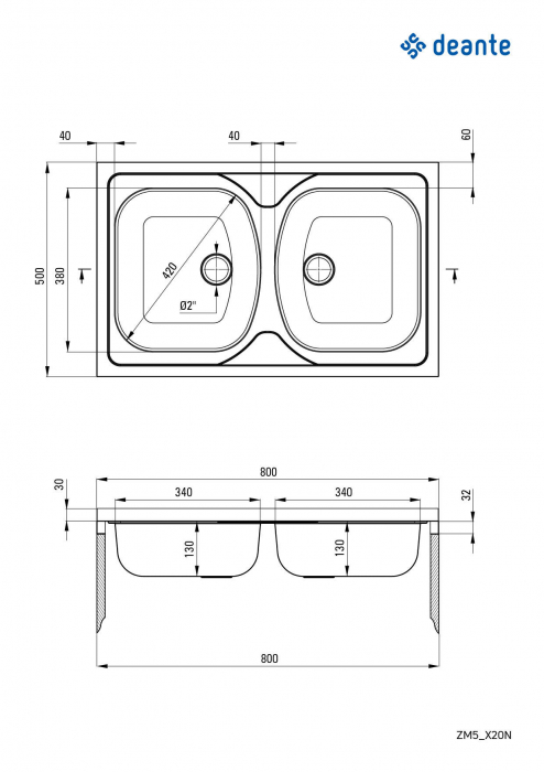 Chiuvetă din inox, 2-cuve - pe mască [2]