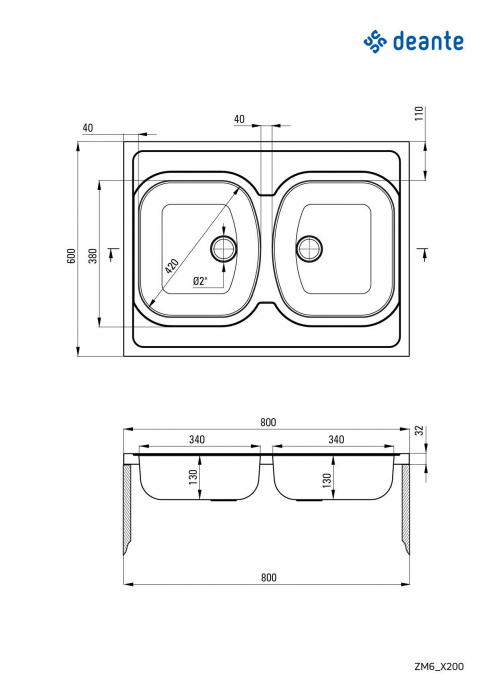 Chiuvetă din inox, 2-cuve - pe mască [2]