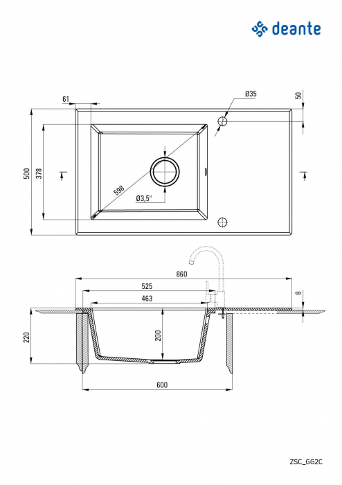 Chiuvetă sticlă-granit, 1-cuvă cu picurător, Deante, Capella,ALABASTER [2]