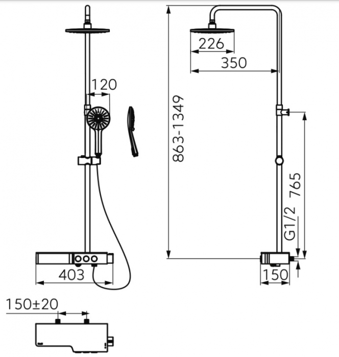 COLOANA DUS TEMPRA, CU BATERIE DUS, BARA DUS REGLABILA, CAP DE DUS FIX ROTUND, PARA SI FURTUN DE DUS, CROM-ALB [2]