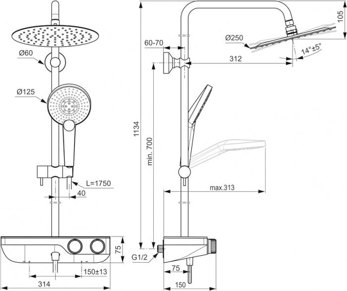 SET DUS CERATHERM S200 TERMOSTATIC,CAP DUS D250MM,PARA IDEALRAIN 125MM,FURTUN DUS 1600 MM [6]