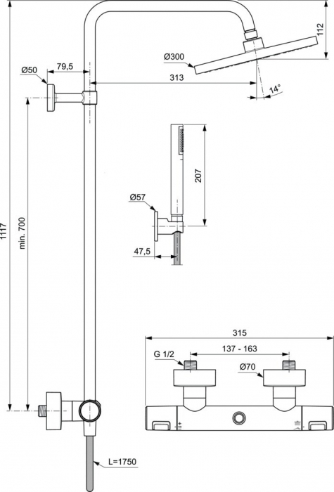SISTEM DUS CERATHERM T25 SILK BLACK ,CAP DUS 300 MM,FURTUN IDEALFLEX 1750MM SI PARA [5]