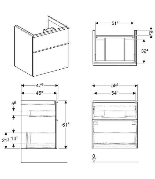 MOBILIER GEBERIT ICON PENTRU LAVOAR 592X615X476, CU DOUA SERTARE, ALB MAT [2]