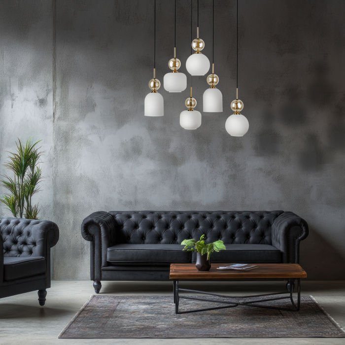 Lampă Suspendată TK Lighting SOPHIA COGNAC WHITE 6xE14 – Corp de Iluminat Modern din Sticlă Cognac Albă și Metal Auriu [2]