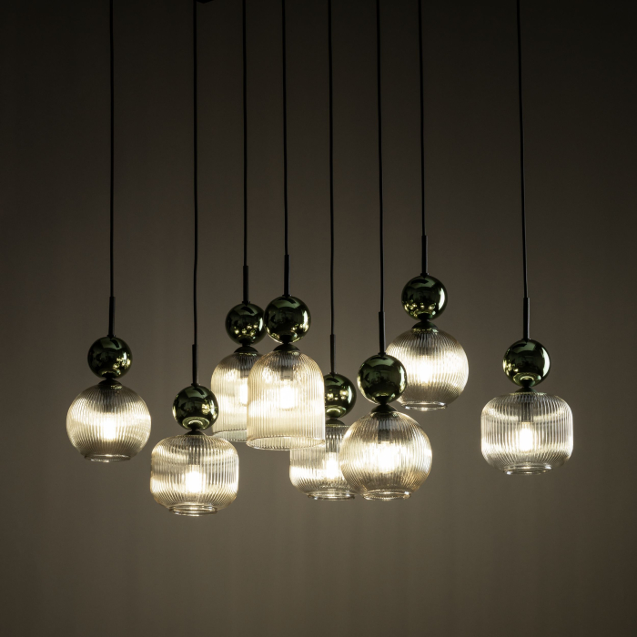 Lampă Suspendată TK Lighting SOPHIA GREEN COGNAC 8xE14 – Lustră Modernă din Sticlă Verde–Cognac și Metal Auriu Satinat [1]