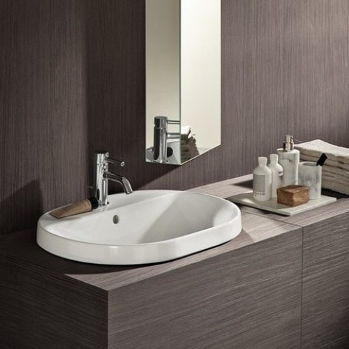 LAVOAR ÎNCORPORAT GEBERIT VARIFORM, ELIPTIC, CU BANC CU ORIFICII DE ROBINET B-60CM, T-45CM, PREAPLIN VIZIBIL, GLAZURAT ALB [2]