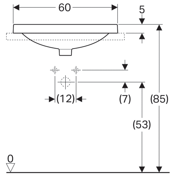 LAVOAR ÎNCORPORAT GEBERIT VARIFORM, ELIPTIC, CU BANC CU ORIFICII DE ROBINET B-60CM, T-45CM, PREAPLIN VIZIBIL, GLAZURAT ALB [4]