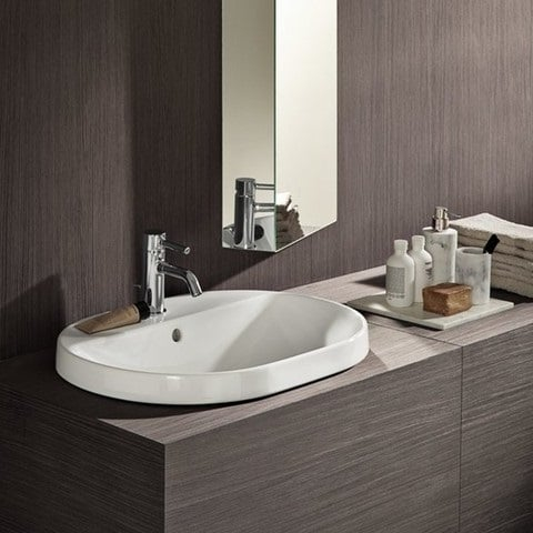 LAVOAR ÎNCORPORAT GEBERIT VARIFORM, OVAL, CU BANC CU ORIFICII DE ROBINET B-60CM, T-48CM, PREAPLIN VIZIBIL, GLAZURAT ALB [2]