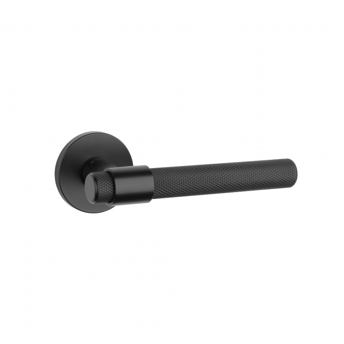 Mâner ușă Stile AVA cu rozetă R Slim de 7 mm, finisaj negru mat, design modern și elegant, potrivit pentru uși interioare. Produs european, durabil și ușor de montat. [1]