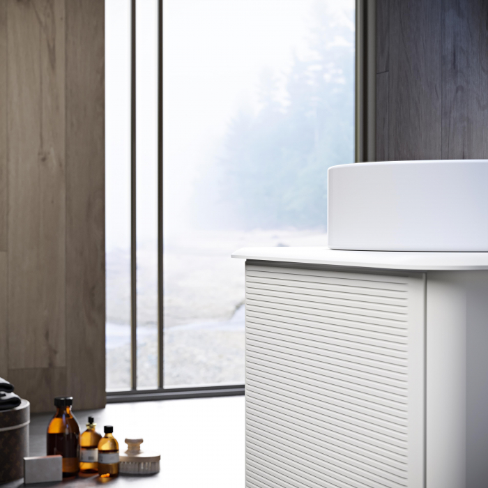 Mobilier de baie cu lavoar de ceramica pe blat, alb mat (Bianco opaco)si oglinda led, Baden Haus Idra 55798+55825+50100 +02128 [2]