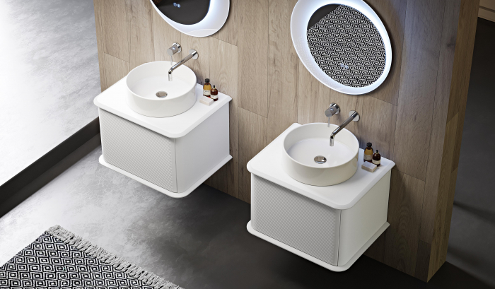 Mobilier de baie cu lavoar de ceramica pe blat, alb mat (Bianco opaco)si oglinda led, Baden Haus Idra 55798+55825+50100 +02128 [3]