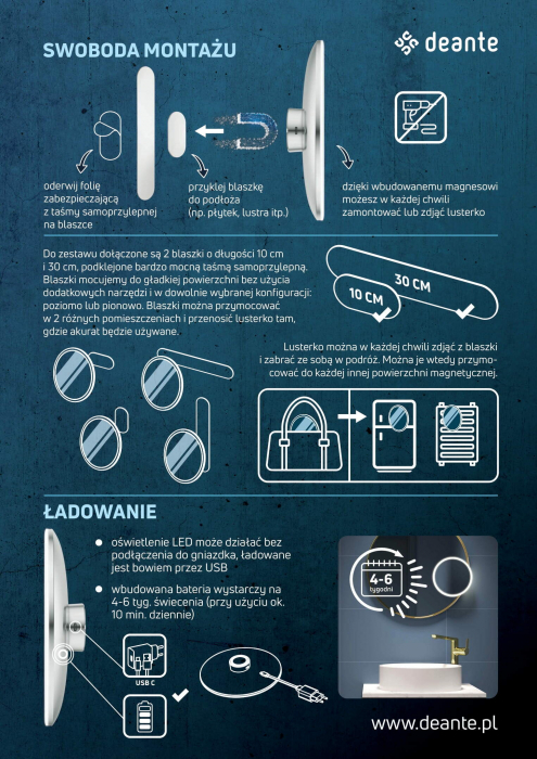 Oglindă cosmetică, magnetic - Bec LED, Deante, Round,Cromat [8]
