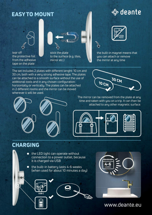 Oglindă cosmetică, magnetic - Bec LED, Deante, Round,Cromat [10]