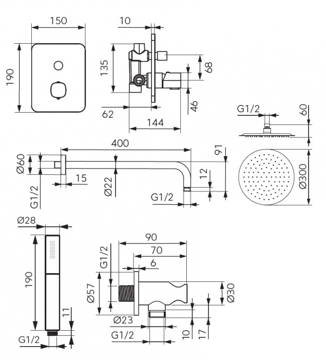 Sistem de dus incastrat FDesign Meandro, 2 functii, palarie dus fixa 30 cm, brat dus 40 cm si para mobila, crom [2]