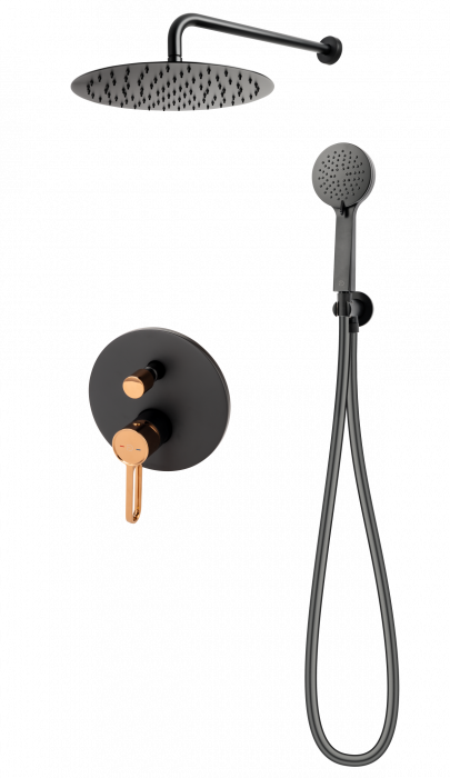 Sistem de dus incastrat FDesign Zaffiro, 2 functii, palarie dus fixa 30 cm, brat dus 40 cm si para mobila, negru-aur roz [1]