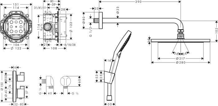 SISTEM DUS INCASTRAT TERMOSTATIC CROMA 280 ECOSTAT S, NEGRU MAT [2]