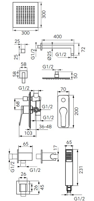 Sistem dus 6 in 1 Seppia, baterie incastrata 2 iesiri, cap dus fix, brat, para, furtun si racord pentru baterie incastrata, crom [2]