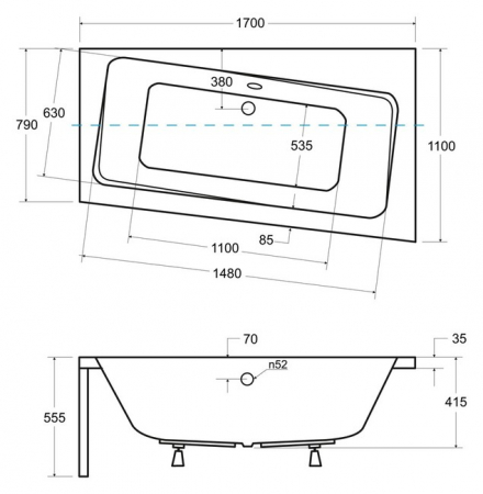 Cada asimetrica Besco Infinity 170 x 110 cm, orientare dreapta, acryl, alb [3]