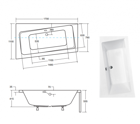 Cada asimetrica Besco Infinity 170 x 110 cm, orientare stanga, acryl, alb [3]