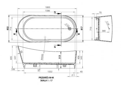 CADA FREESTANDING CETUS 1800X832X695, FARA PREAPLIN, VENTIL CLICK-CLACK CROM [5]