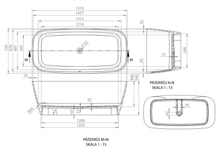 CADA FREESTANDING VOLANS 1510X720X540, FARA PREAPLIN, VENTIL CLICK-CLACK CROM [4]