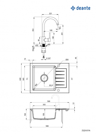 Chiuvetă din granit cu baterie, 1-cuvă cu picurător, Deante, Zorba,GREY METALLIC [1]