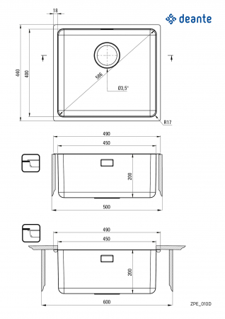 Chiuvetă din inox, 1-cuvă, Deante, egeria,inox satinat [2]