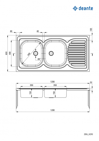 Chiuvetă din inox, 2-cuve cu picurător - pe mască [1]