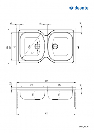 Chiuvetă din inox, 2-cuve - pe mască [1]