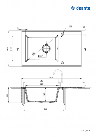 Chiuvetă sticlă-granit, 1-cuvă cu picurător, Deante, Capella,ALABASTER [1]