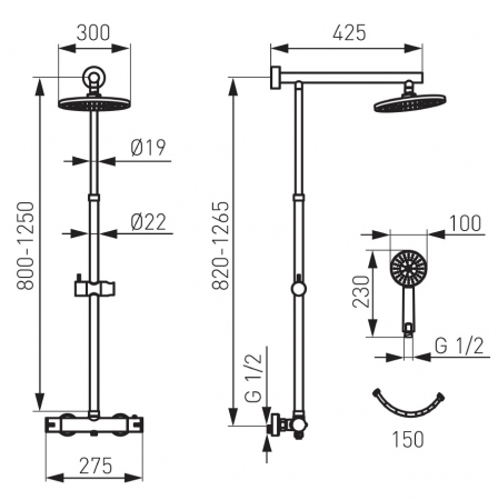 Coloana de dus FDesign Anima cu baterie termostatata, palarie 30 cm, furtun 1.5 m, para mobila 10 cm, crom [1]