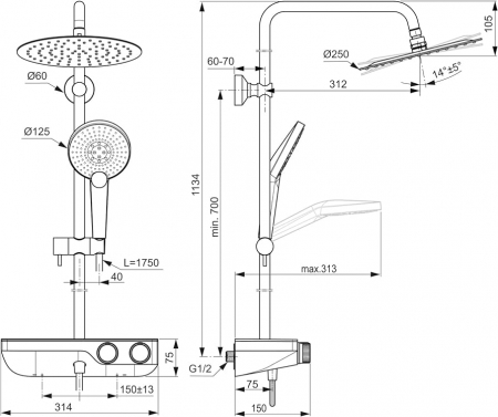 SET DUS CERATHERM S200 TERMOSTATIC,CAP DUS D250MM,PARA IDEALRAIN 125MM,FURTUN DUS 1600 MM [5]